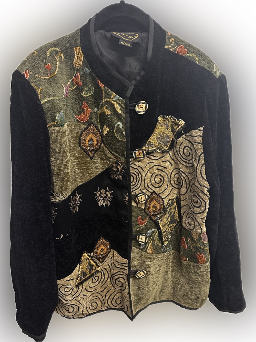 Vintage Women's Jacket - Velvet with Textile Patchwork -  Black & Olive